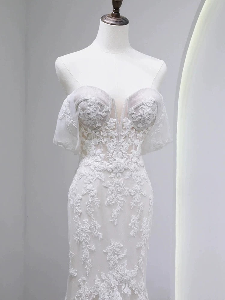 Sexy Mermaid Off The Shoulder Lace Long Sleeves White Wedding Dresses