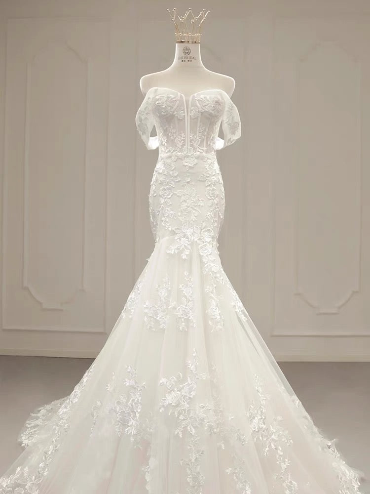 Sexy Mermaid Off The Shoulder Lace Long Sleeves White Wedding Dresses