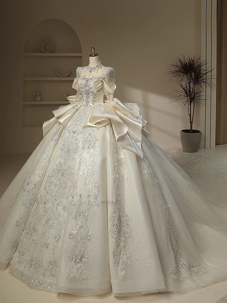 Unique Ball Gown High Neckline Sequin Lace Long White Wedding Dresses