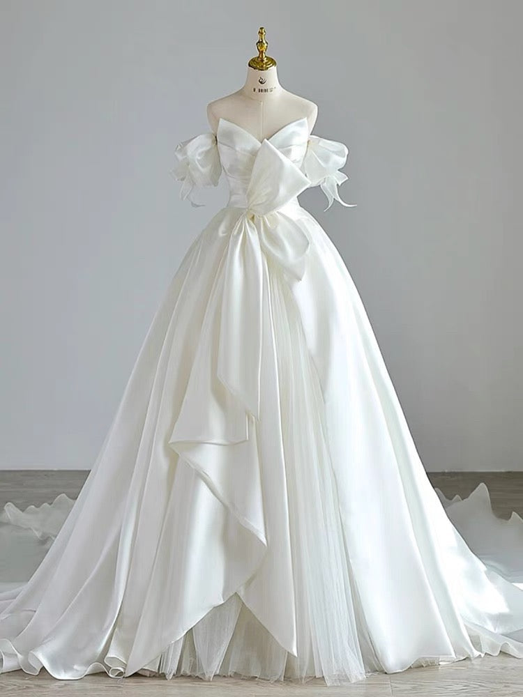 Simple Ball Gown Sweetheart Satin Long White Wedding Dresses With Bow