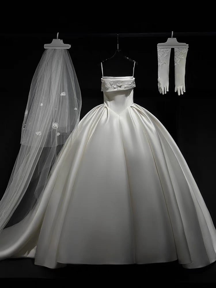 Simple Ball Gown Strapless Satin Long White Wedding Dresses With Lace