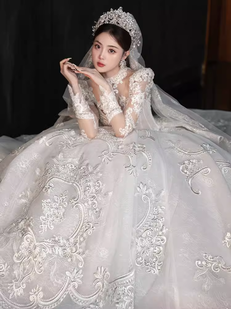 Luxury Ball Gown High Neckline Long Sleeves Lace White Wedding Dress