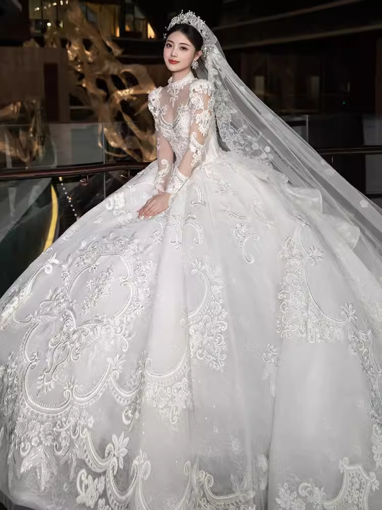 Luxury Ball Gown High Neckline Long Sleeves Lace White Wedding Dress