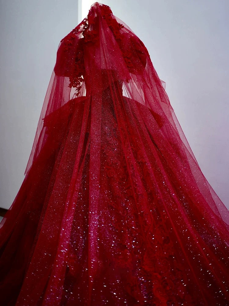 Dreamy Ball Gown V Neckline Red Lace Long Wedding Dresses With Lace