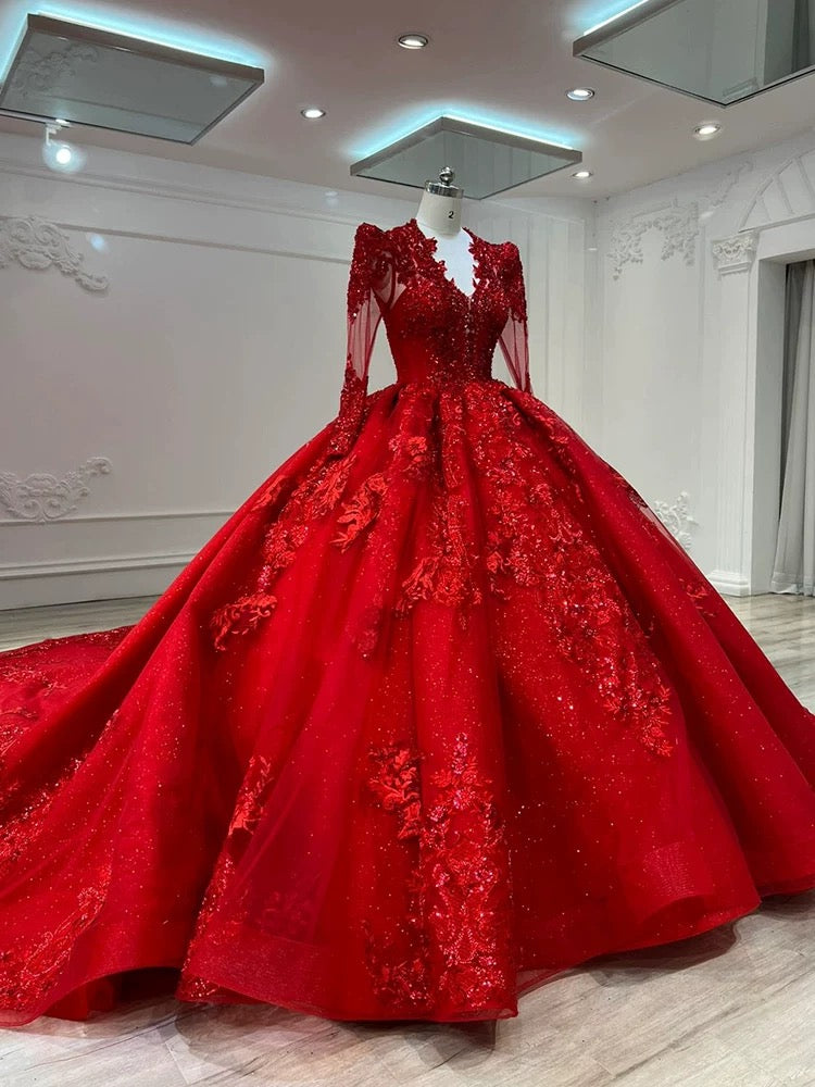 Dreamy Ball Gown V Neckline Red Long Sleeves Lace Long Wedding Dresses With Beads