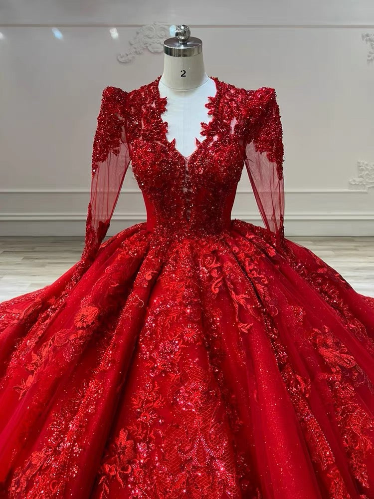 Dreamy Ball Gown V Neckline Red Long Sleeves Lace Long Wedding Dresses With Beads