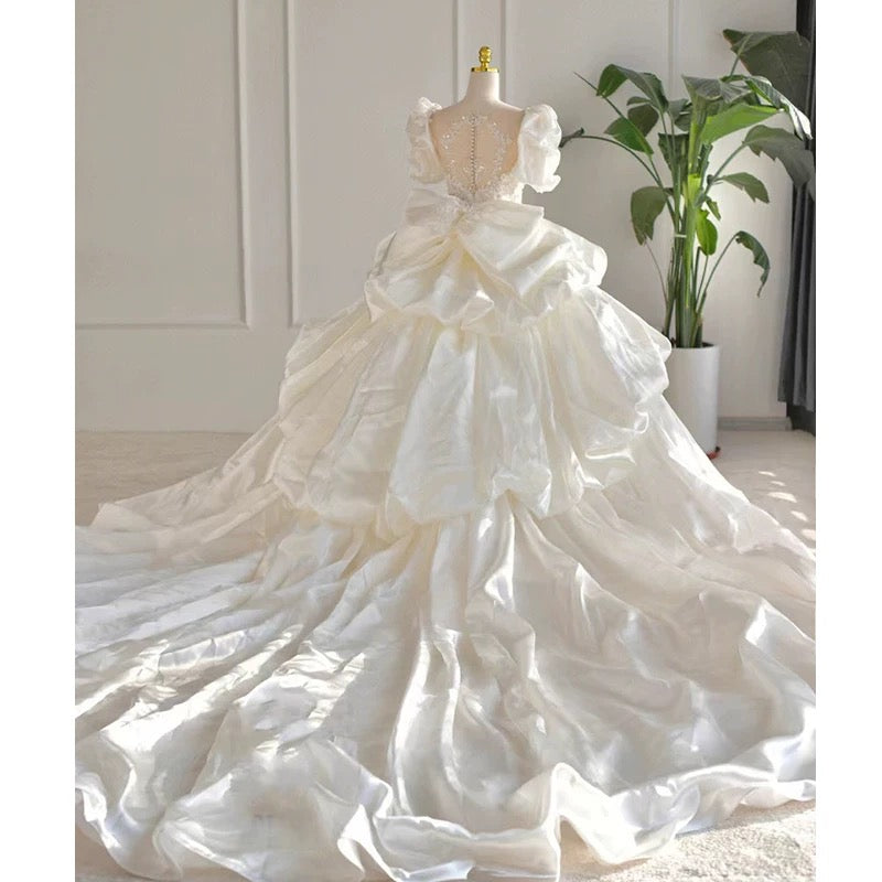 Dreamy Ball Gown High Neckline Short Sleeves White Lace Wedding Dresses With Beads