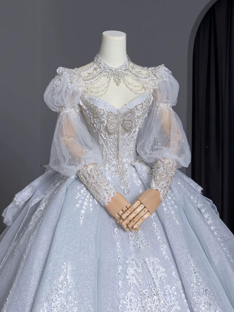 Dreamy Ball Gown Sweetheart Long Puffy Sleeves Lace Wedding Dresses With Beads