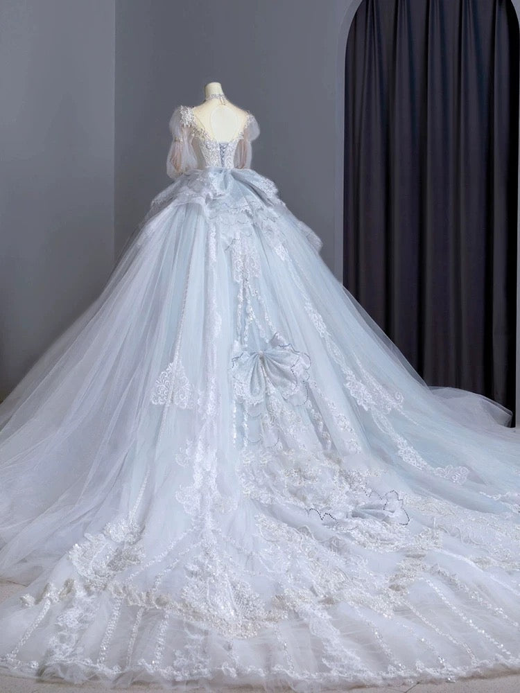 Dreamy Ball Gown Sweetheart Long Puffy Sleeves Lace Wedding Dresses With Beads
