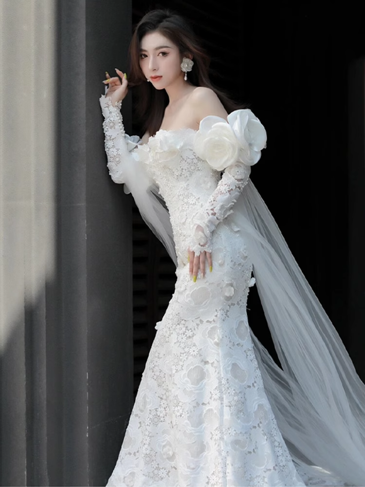 Luxury Mermaid Off The Shoulder Neckline Long Sleeves Lace White Wedding Dress