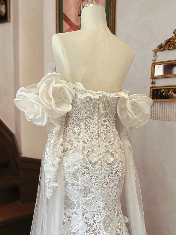 Luxury Mermaid Off The Shoulder Neckline Long Sleeves Lace White Wedding Dress