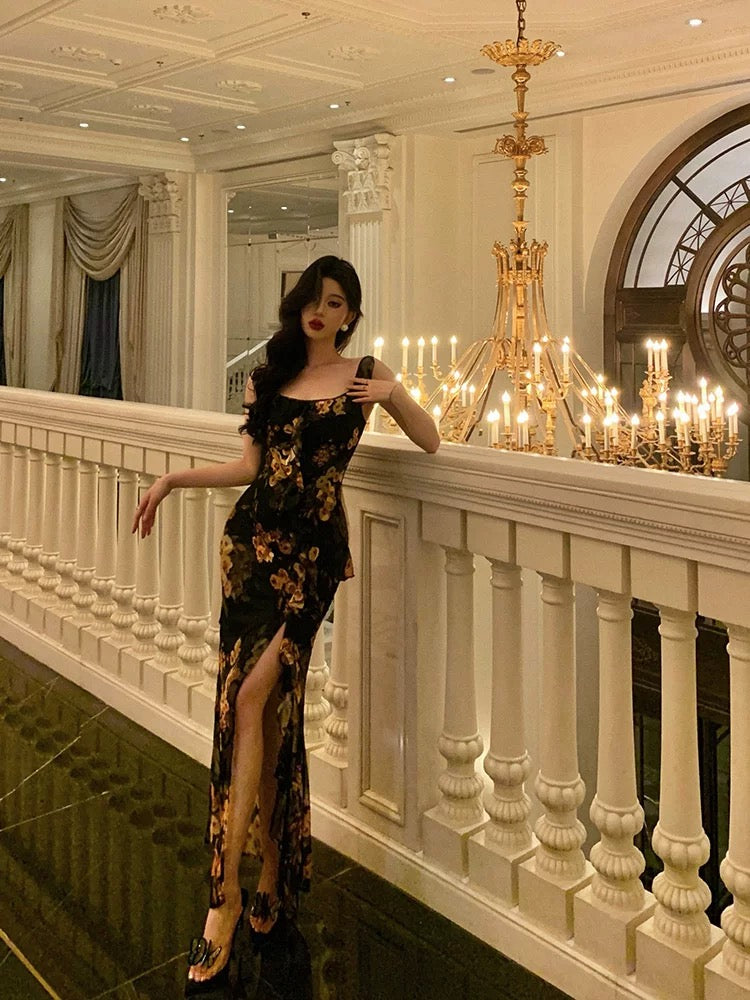 Sexy Sheath Straps Floral Chiffon Slit Long Prom Dresses Birthday Outfits