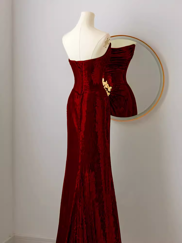 Simple Mermaid Strapless Red Sequin Long Prom Dresses C17