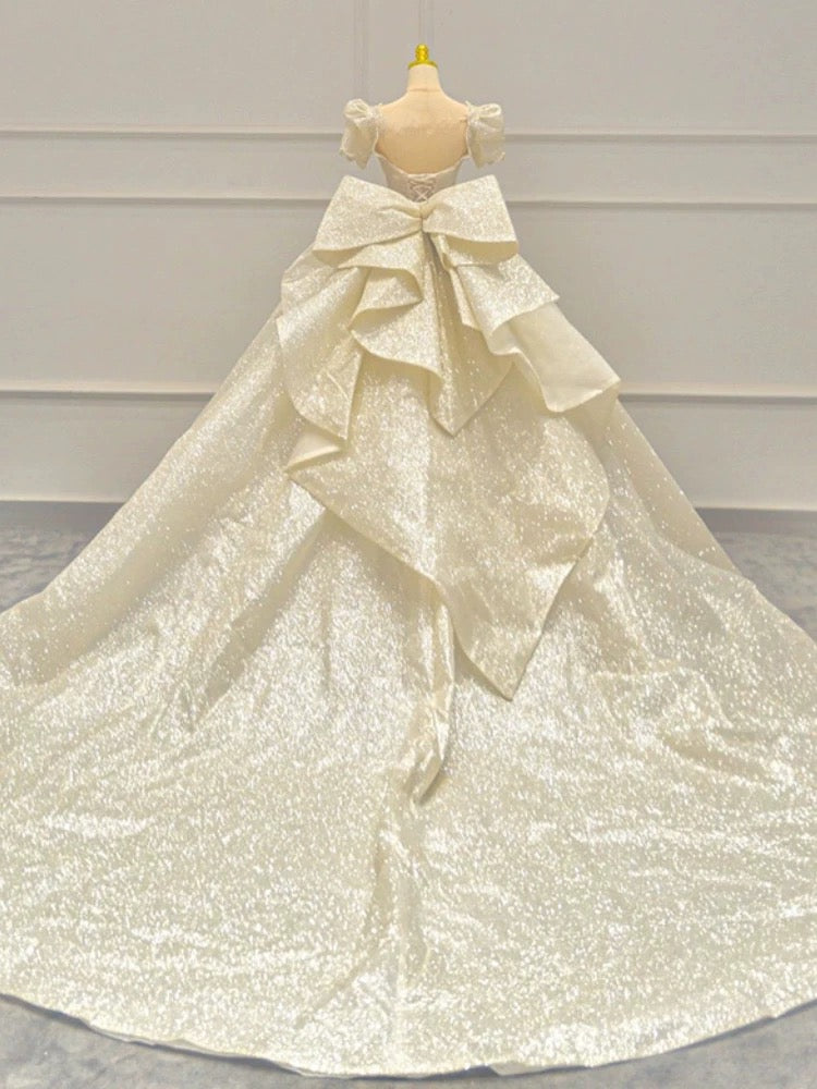 Timeless Ball Gown Sweetheart Long Puffy Sleeves Sequin Wedding Dresses With Bowknot
