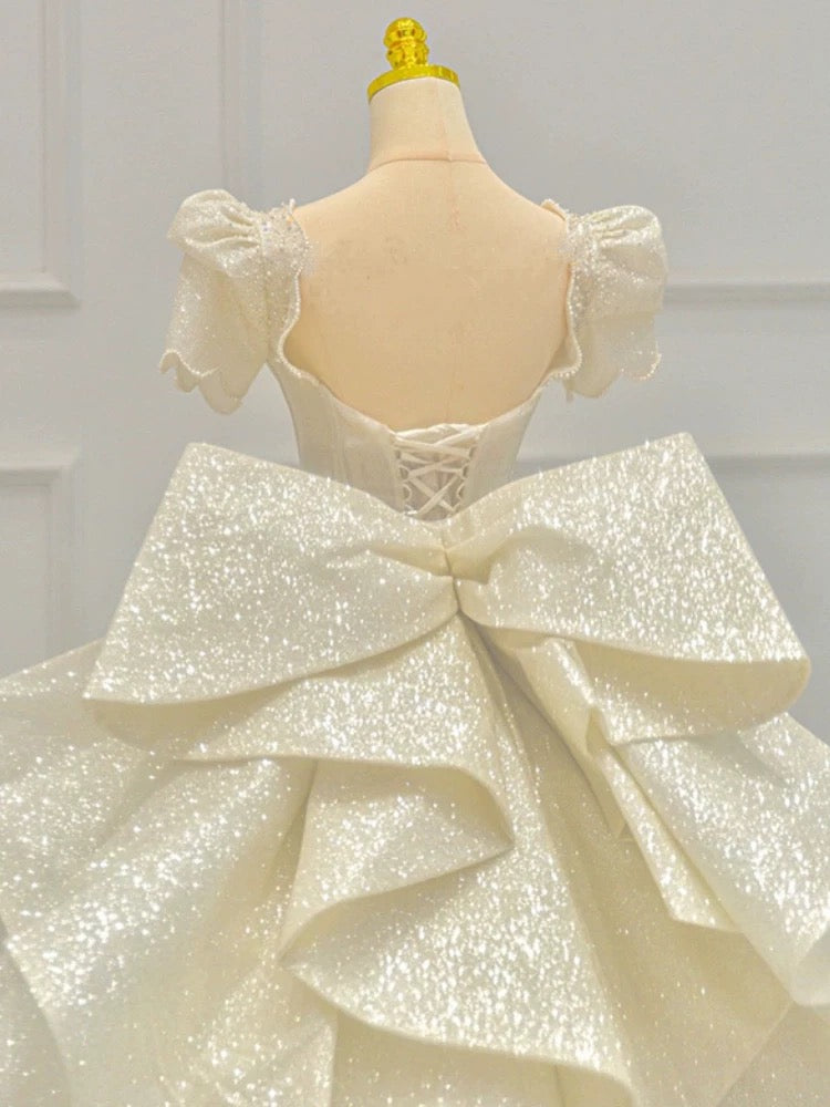 Timeless Ball Gown Sweetheart Long Puffy Sleeves Sequin Wedding Dresses With Bowknot