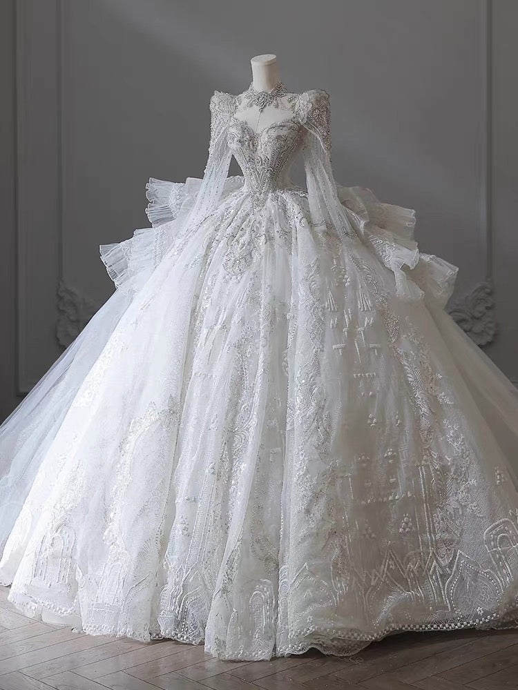 Dreamy Ball Gown Sweetheart Long Sleeves White Lace Wedding Dresses With Beads