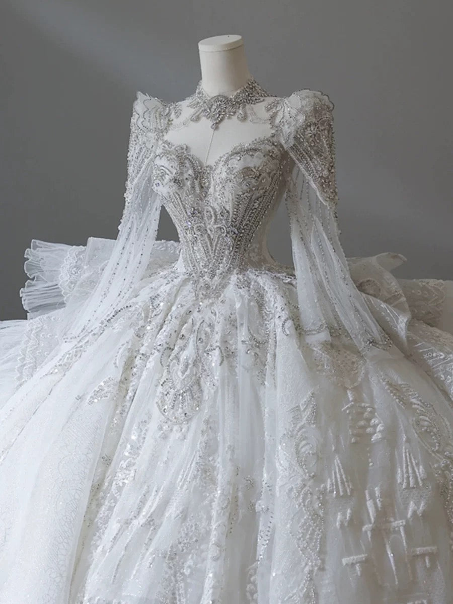 Dreamy Ball Gown Sweetheart Long Sleeves White Lace Wedding Dresses With Beads