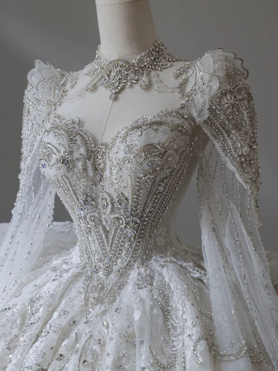 Dreamy Ball Gown Sweetheart Long Sleeves White Lace Wedding Dresses With Beads