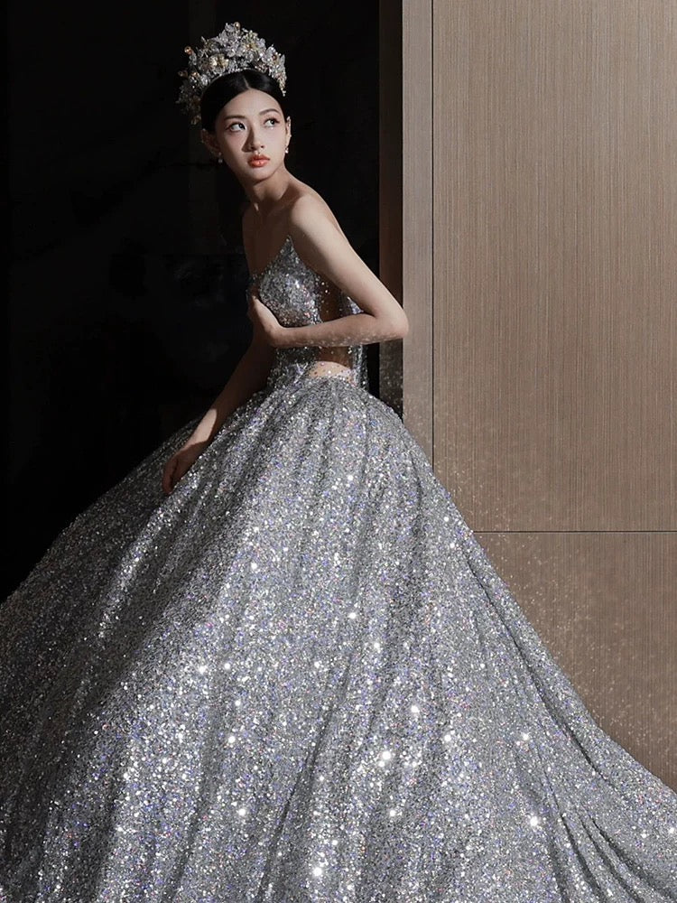 Dreamy Ball Gown Sweetheart Sequin Silver Long Wedding Dresses With Beads