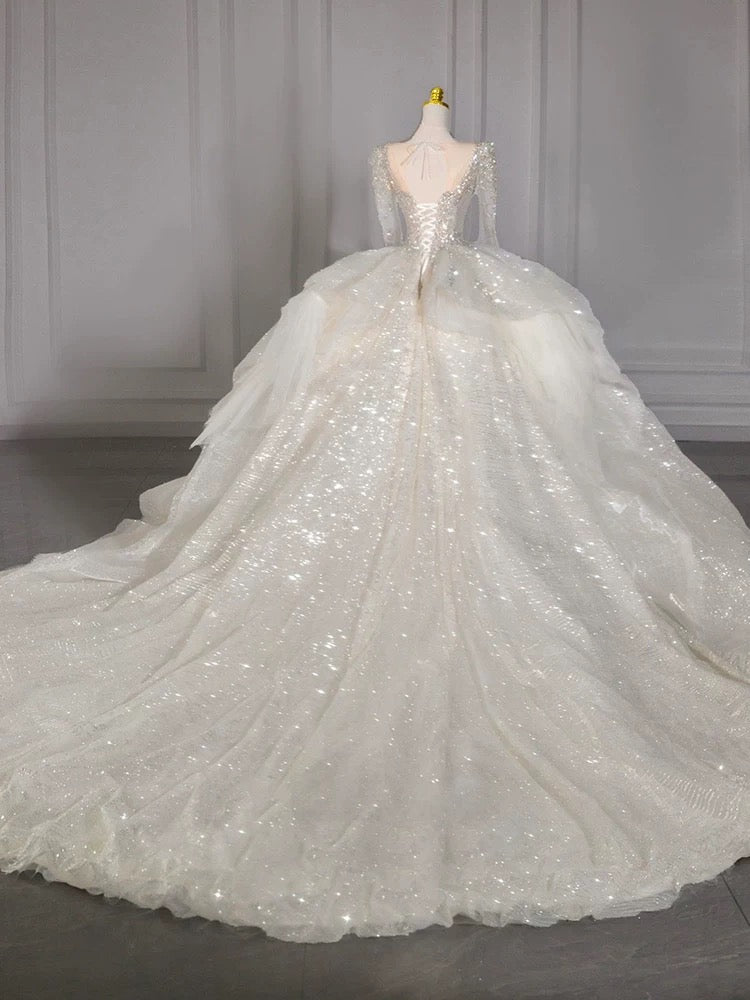 Dreamy Ball Gown Square Neckline Sequin White Long Sleeves Wedding Dresses With Beads