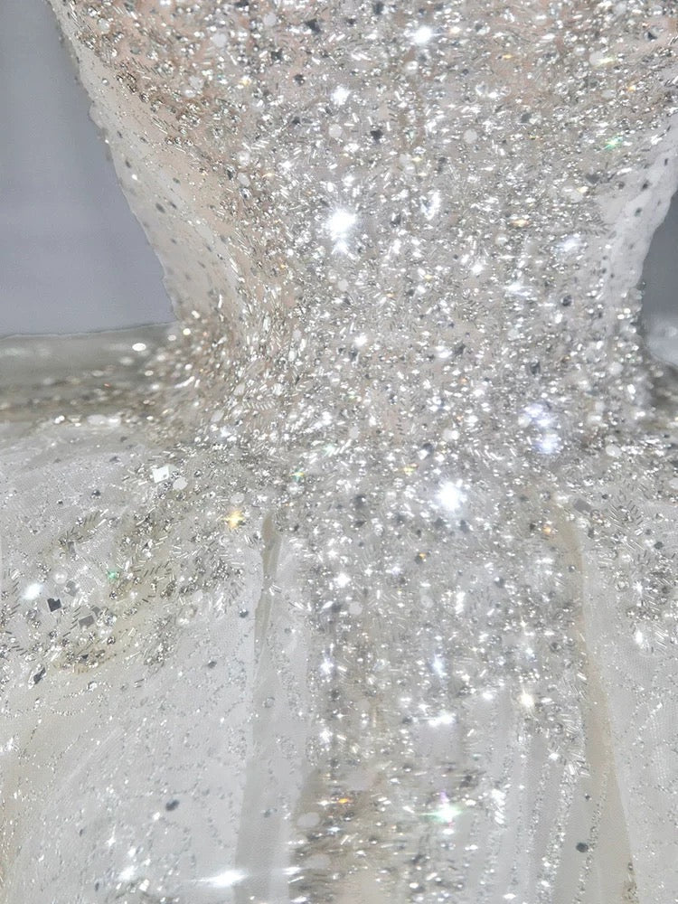 Dreamy Ball Gown Square Neckline Sequin White Long Sleeves Wedding Dresses With Beads