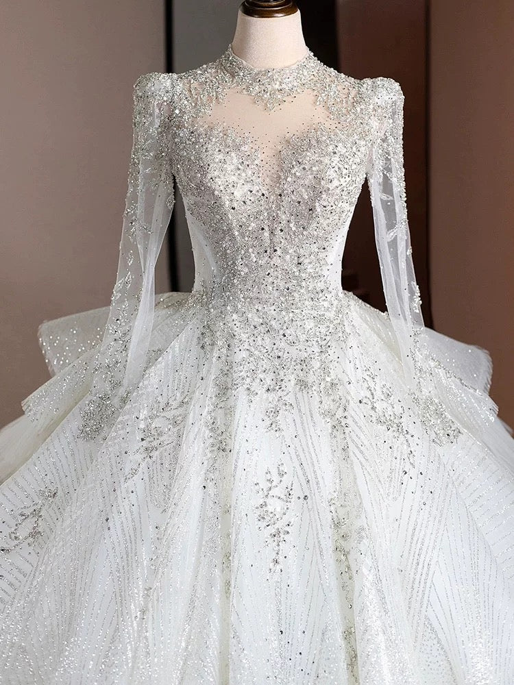 Dreamy Ball Gown High Neckline Sequin White Long Sleeves Wedding Dresses With Beads