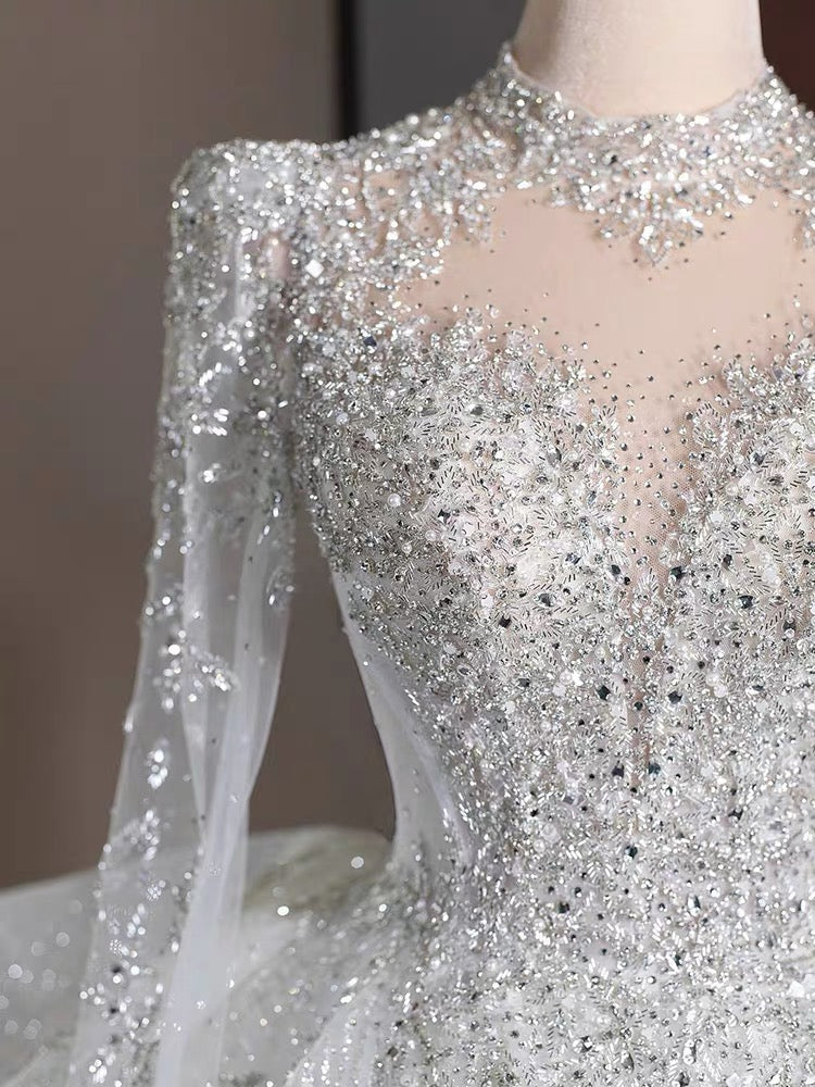 Dreamy Ball Gown High Neckline Sequin White Long Sleeves Wedding Dresses With Beads