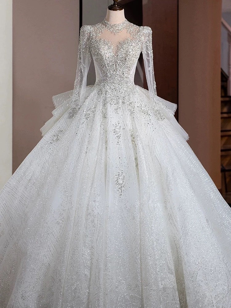 Dreamy Ball Gown High Neckline Sequin White Long Sleeves Wedding Dresses With Beads