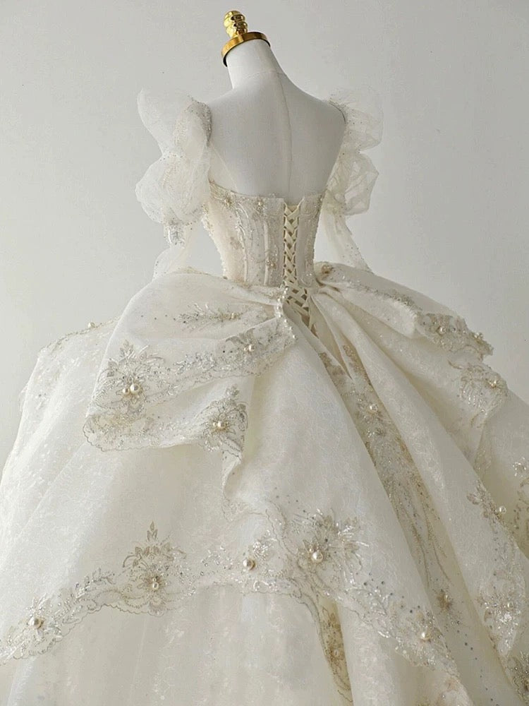 Luxury Ball Gown Sweetheart Sequin White Long Sleeves Wedding Dresses With Beads