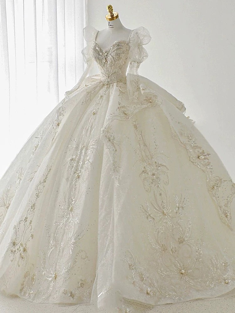 Luxury Ball Gown Sweetheart Sequin White Long Sleeves Wedding Dresses With Beads