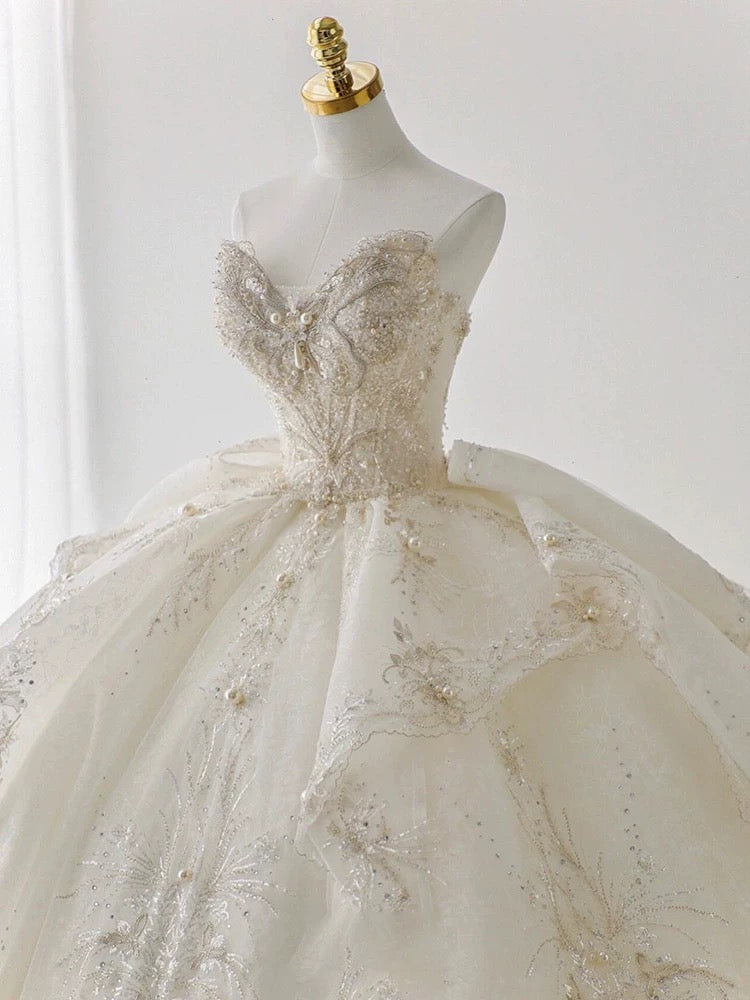 Luxury Ball Gown Sweetheart Sequin White Long Sleeves Wedding Dresses With Beads