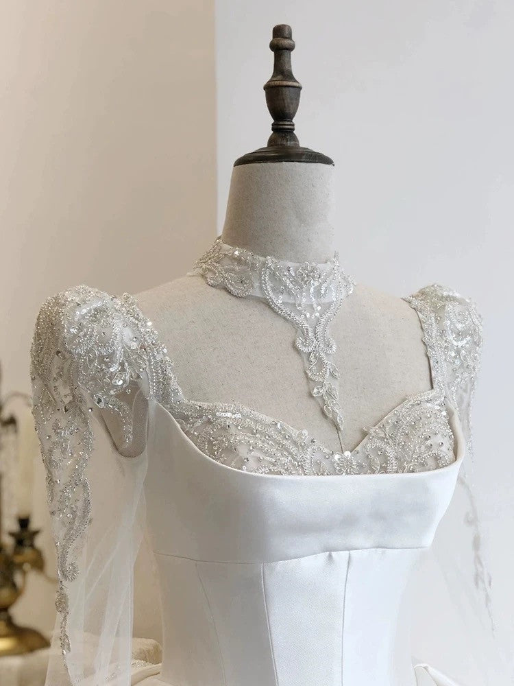 Simple Ball Gown Sweetheart White Long Sleeves Satin Wedding Dresses With Beads