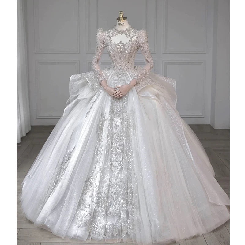 Chic Ball Gown Scoop White Long Sleeves Sequin Wedding Dresses With Beads Buttons