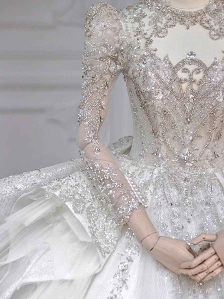 Chic Ball Gown Scoop White Long Sleeves Sequin Wedding Dresses With Beads Buttons