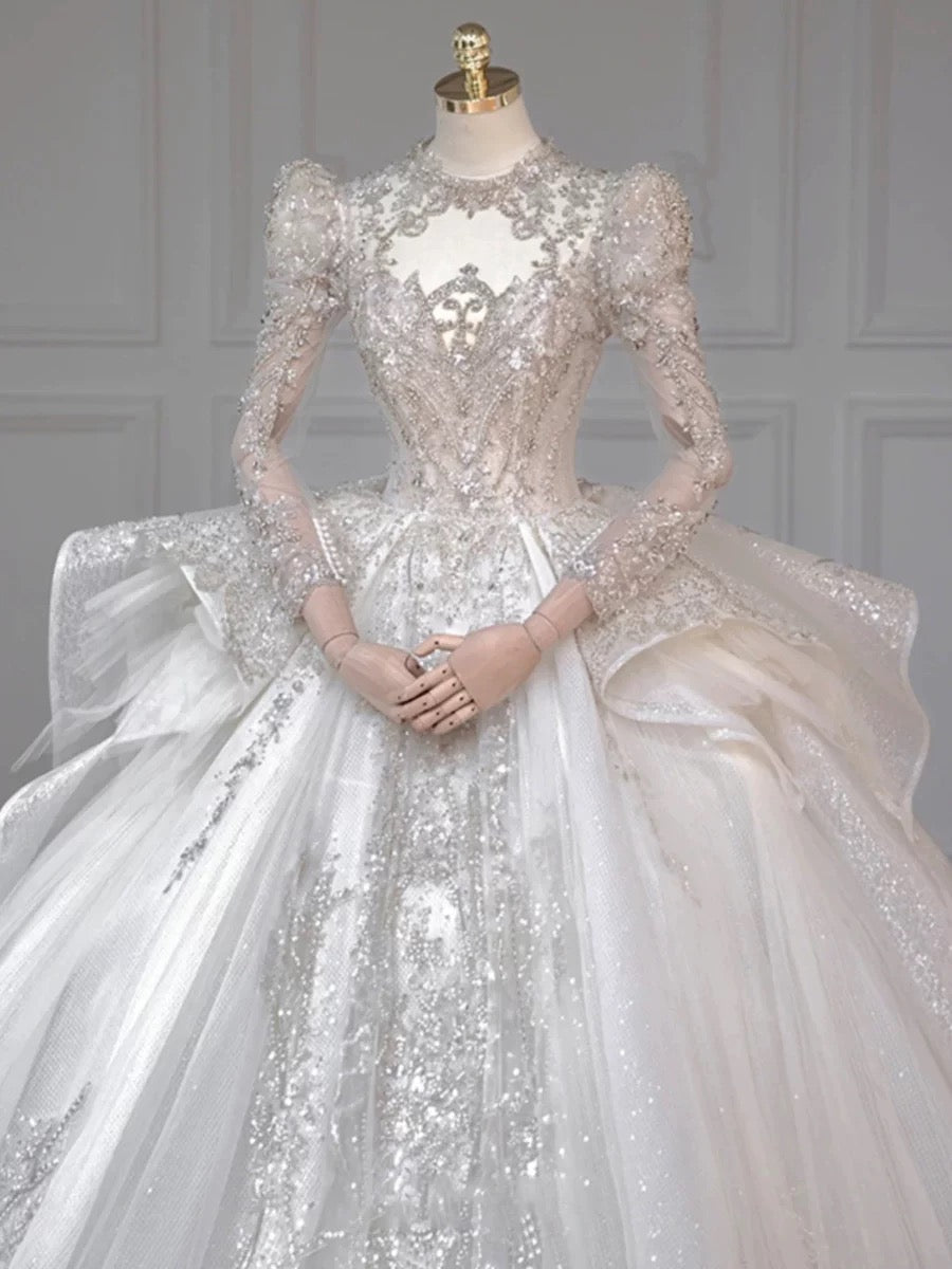 Chic Ball Gown Scoop White Long Sleeves Sequin Wedding Dresses With Beads Buttons