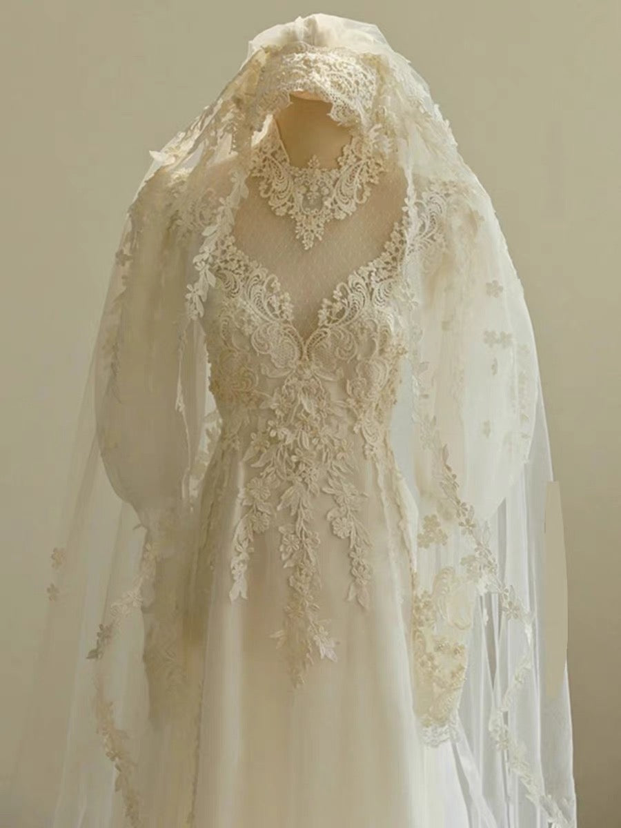 Chic A line Scoop White Long Puffy Sleeves Lace Wedding Dresses With Appliques