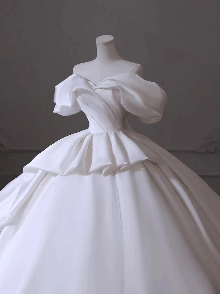 Timeless Ball Gown Off The Shoulder Satin Long White Wedding Dresses With Ruffles