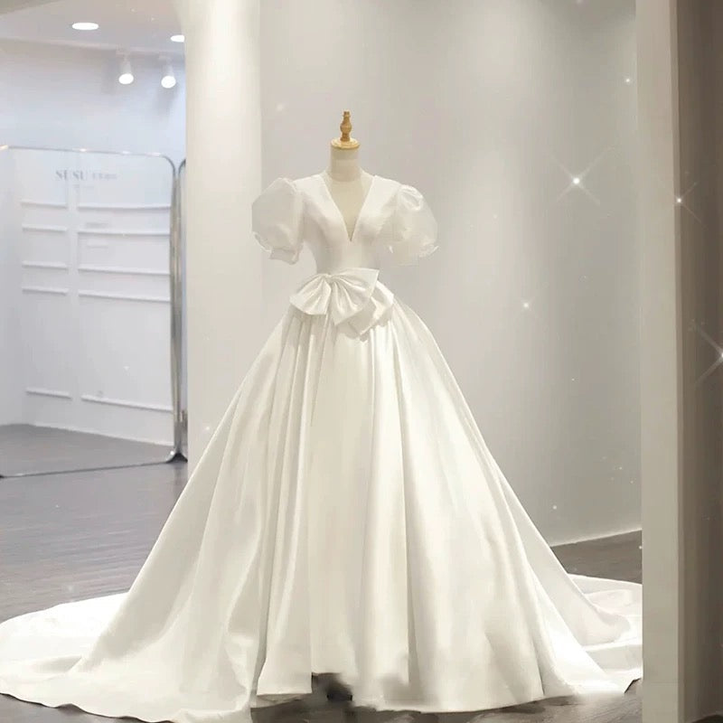Simple Ball Gown V Neckline Short Sleeves White Satin Wedding Dresses With Bow
