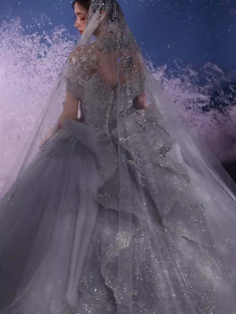 Luxury Ball Gown Off The Shoulder Neckline Short Sleeves Sequin Wedding Dress