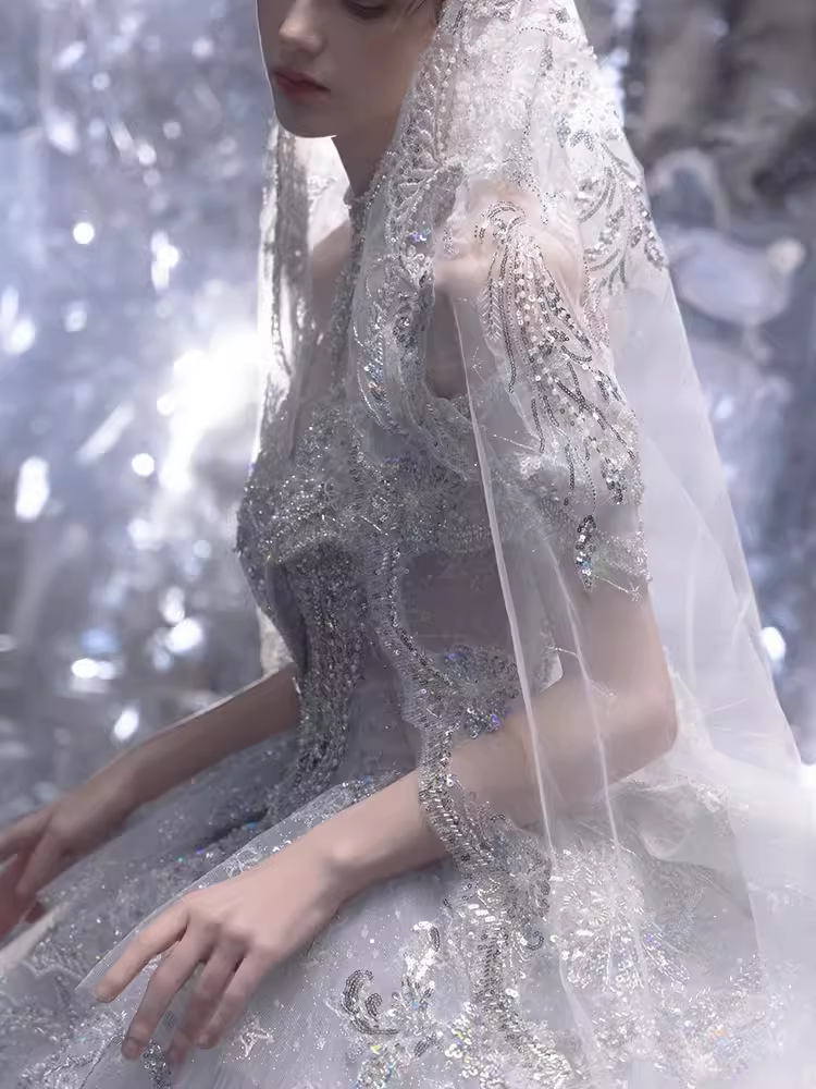 Luxury Ball Gown Off The Shoulder Neckline Short Sleeves Sequin Wedding Dress
