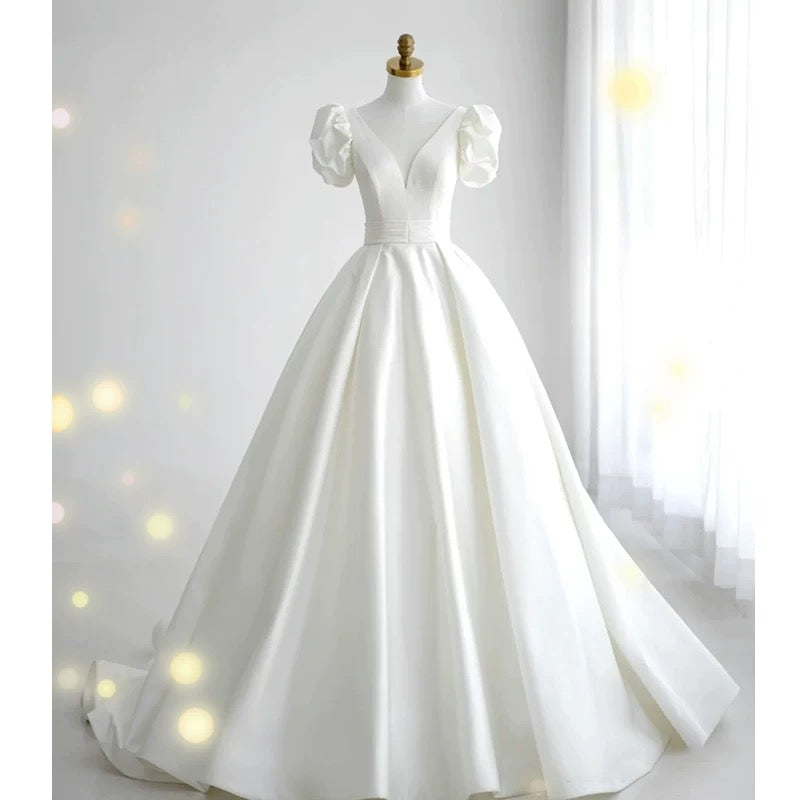 Simple Ball Gown V Neckline Short Sleeves White Satin Wedding Dresses