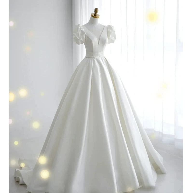 Simple Ball Gown V Neckline Short Sleeves White Satin Wedding Dresses