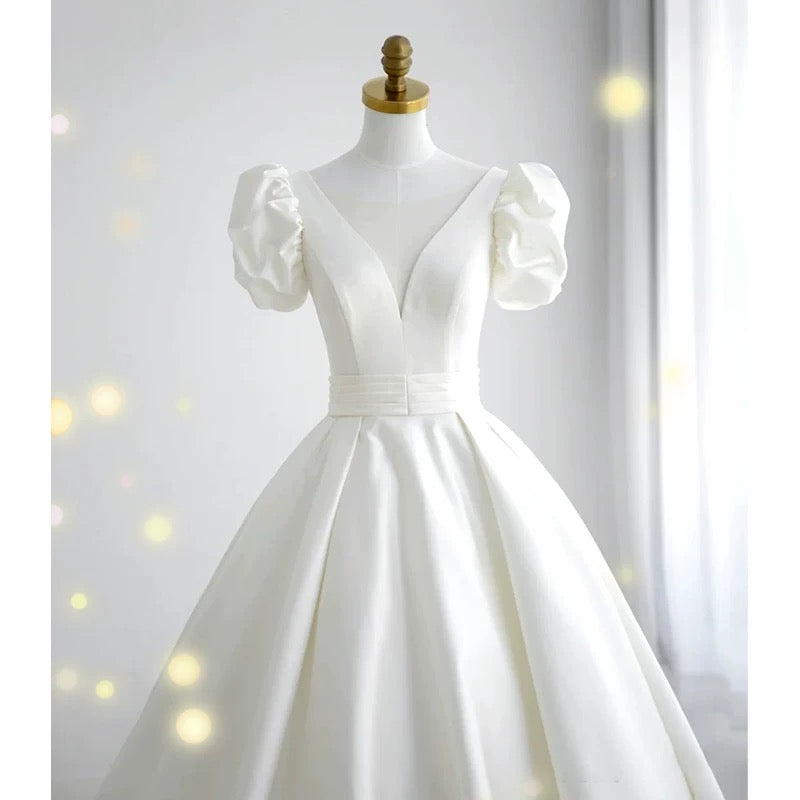 Simple Ball Gown V Neckline Short Sleeves White Satin Wedding Dresses