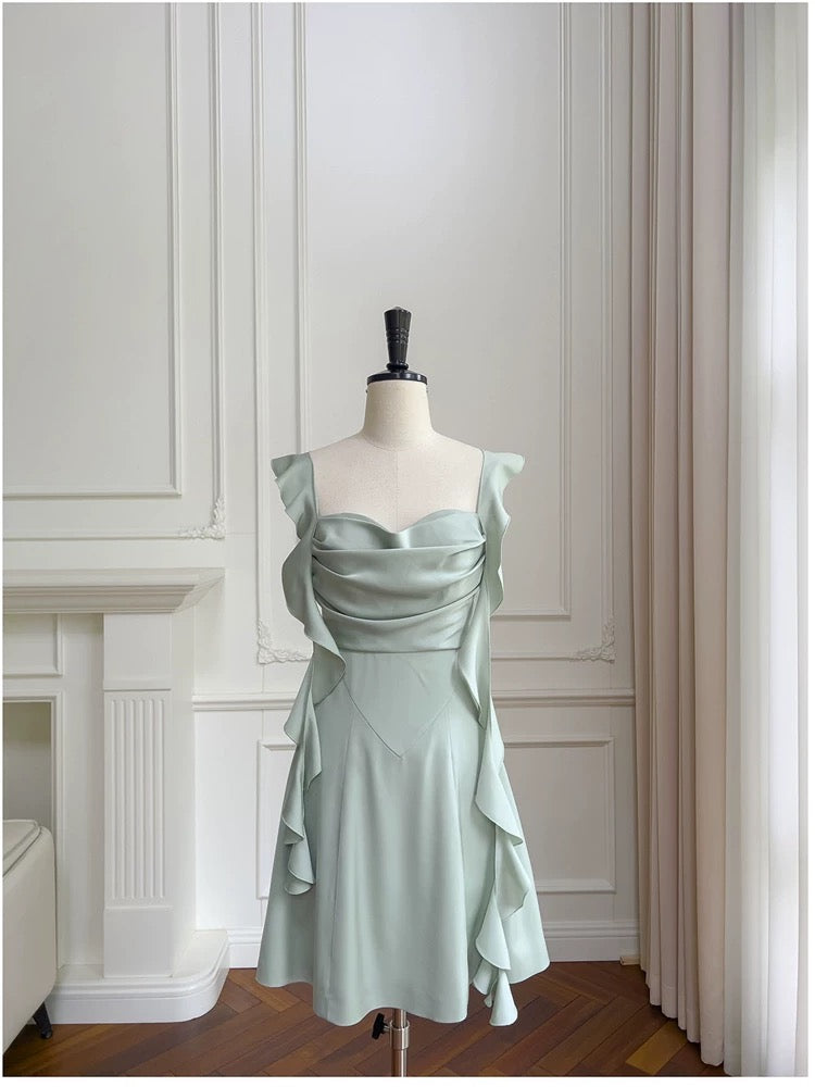 Cute A line Spaghetti Straps Sage Green Short Homecoming Dresses Party Cocktail Dress With Ruffles