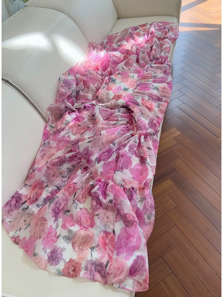 Sexy A Line Straps Long Floral Chiffon Prom Dress Party Dresses