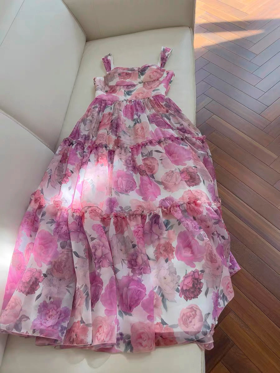 Sexy A Line Straps Long Floral Chiffon Prom Dress Party Dresses