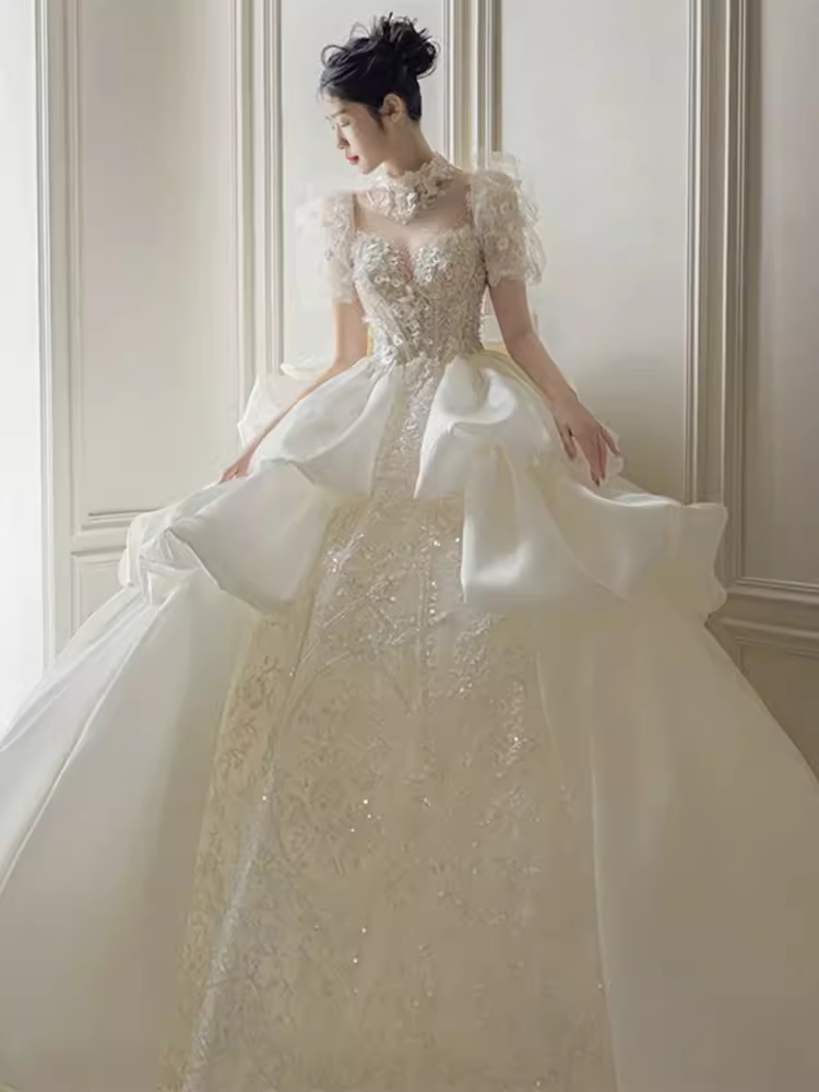 Luxury Ball Gown Short Sleeves Sequin Wedding Dress