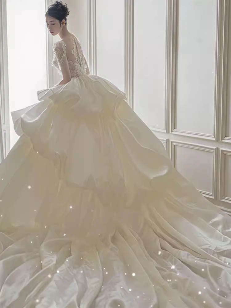 Luxury Ball Gown Short Sleeves Sequin Wedding Dress