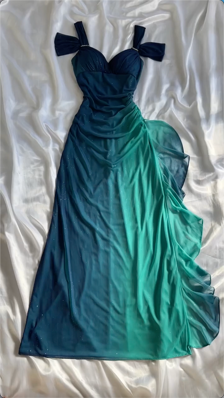 Chic A line Straps Long Prom Dress Chiffon Ombre Green Prom Dresses Evening Dress