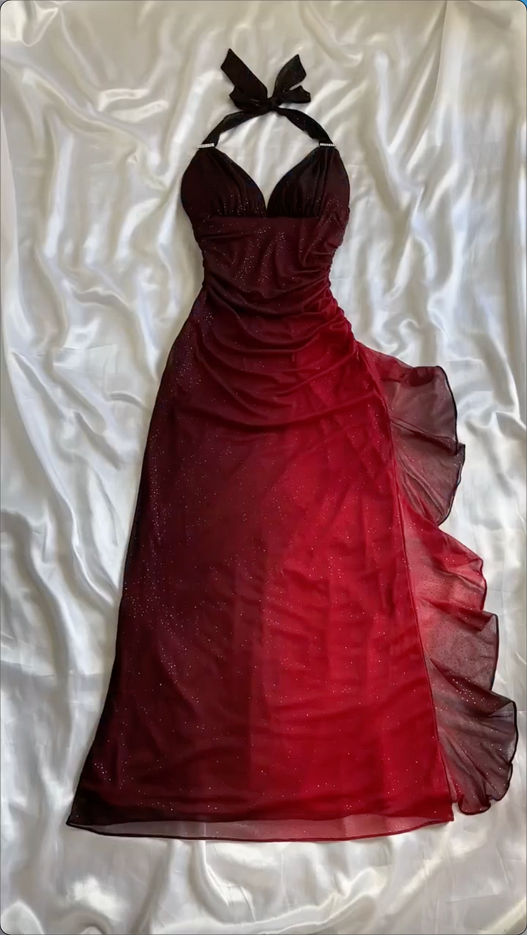Chic A line Straps Long Prom Dress Chiffon Ombre Burgundy Prom Dresses Evening Dress